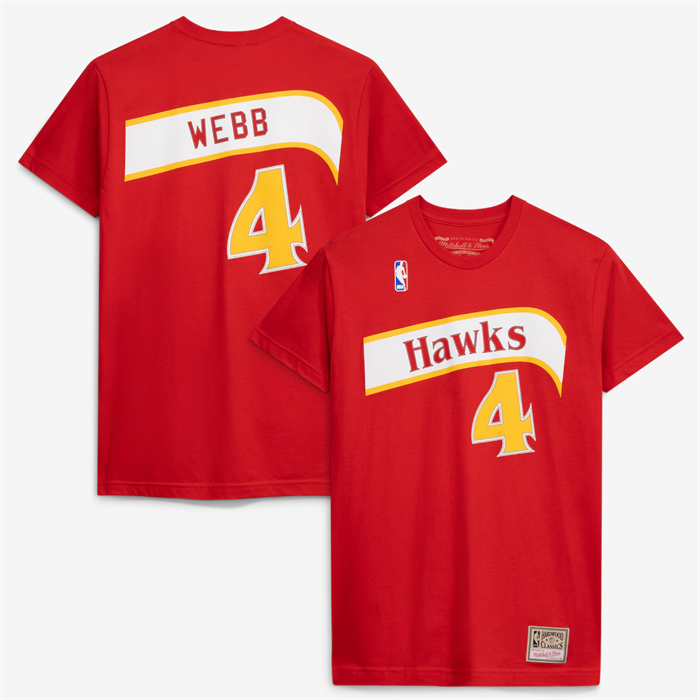 Men's Atlanta Hawks #4 Spud Webb Red Hardwood Classics Name & Number T-Shirt